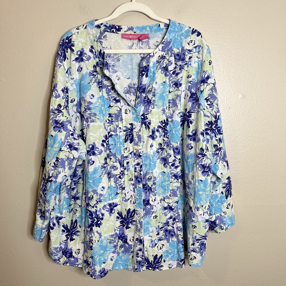 Women‎ Within Top 2x Plus Floral Blue Purple Linen Button Up Coquette Cottage